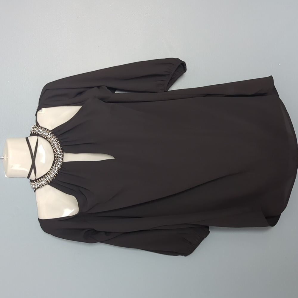 Maurice's Black Embellished Neck Cold Shoulder Long Sleeve Shirt 0X